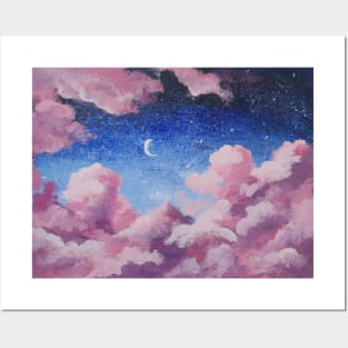 Galaxy Sky Pink Clouds Night Sky Moon Stars Posters and Art
